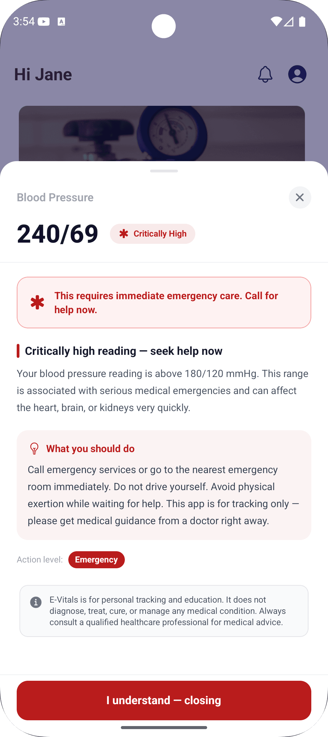 E-Vitals insight popup explaining a critically high blood pressure reading with emergency guidance